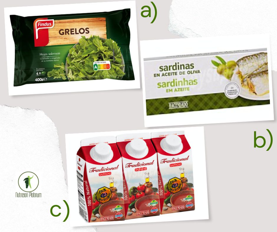 Grelos con sardinas en lata y gazpacho andaluz.